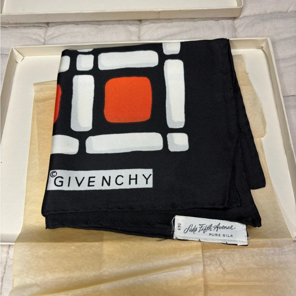 Vintage GIVENCHY Scarf - 100% Silk Orange & Black Block Scarf Saks Fifth Avenue